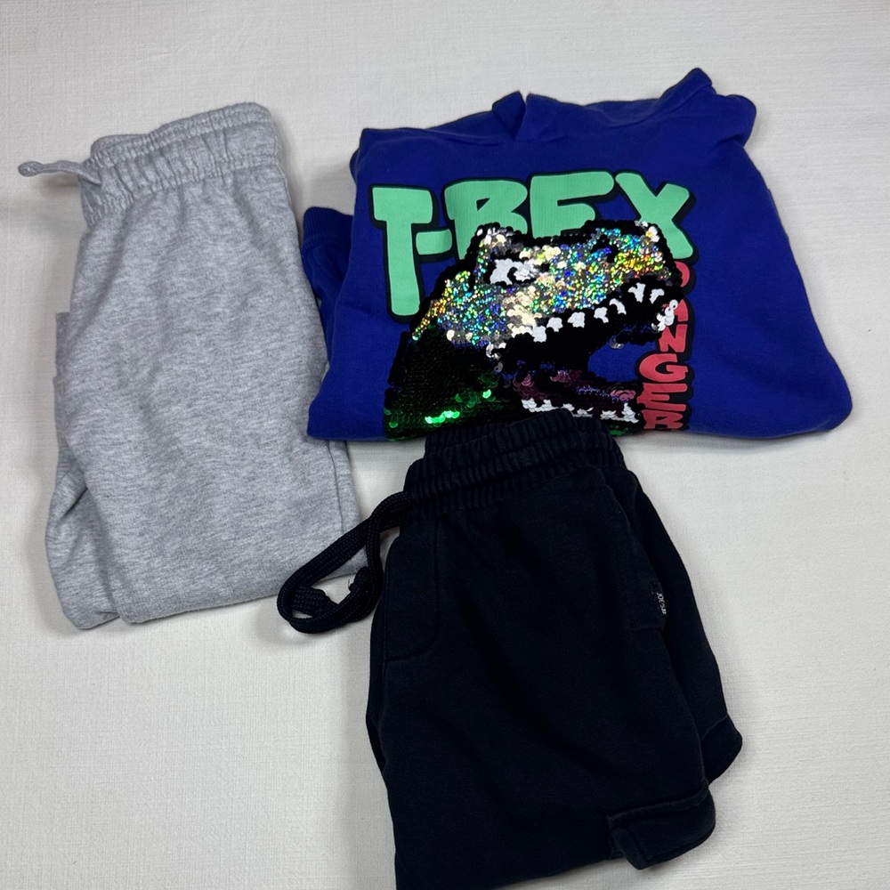 Kids Blue T‑Rex Sequin Hoodie with Gray and‎ Black Bottoms